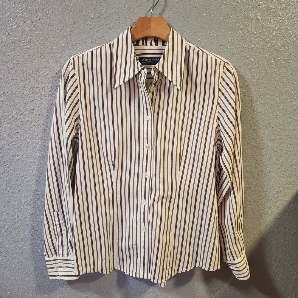 Jones New York Women's Black and White Striped Button Down Shirt